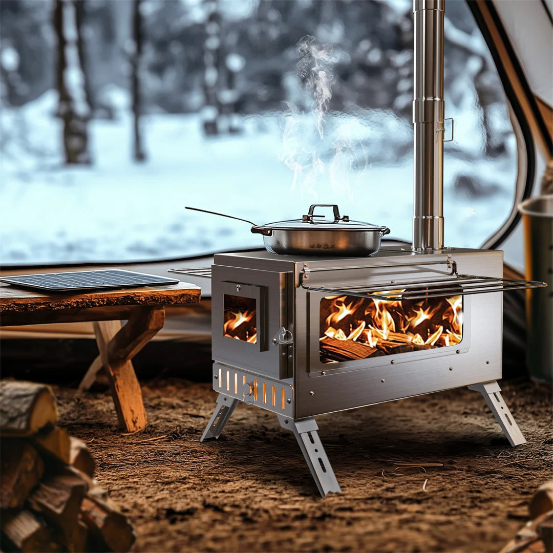 Portable Wood Burning Stove, with 6 Stainless Chimney Pipes for Outdoor Heating & Cooking