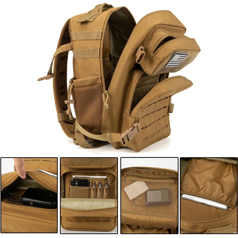 25L Laser Cut Molle Daypack, Small Bug Out Bag, Hunting Rucksack with Dual Cup Holders