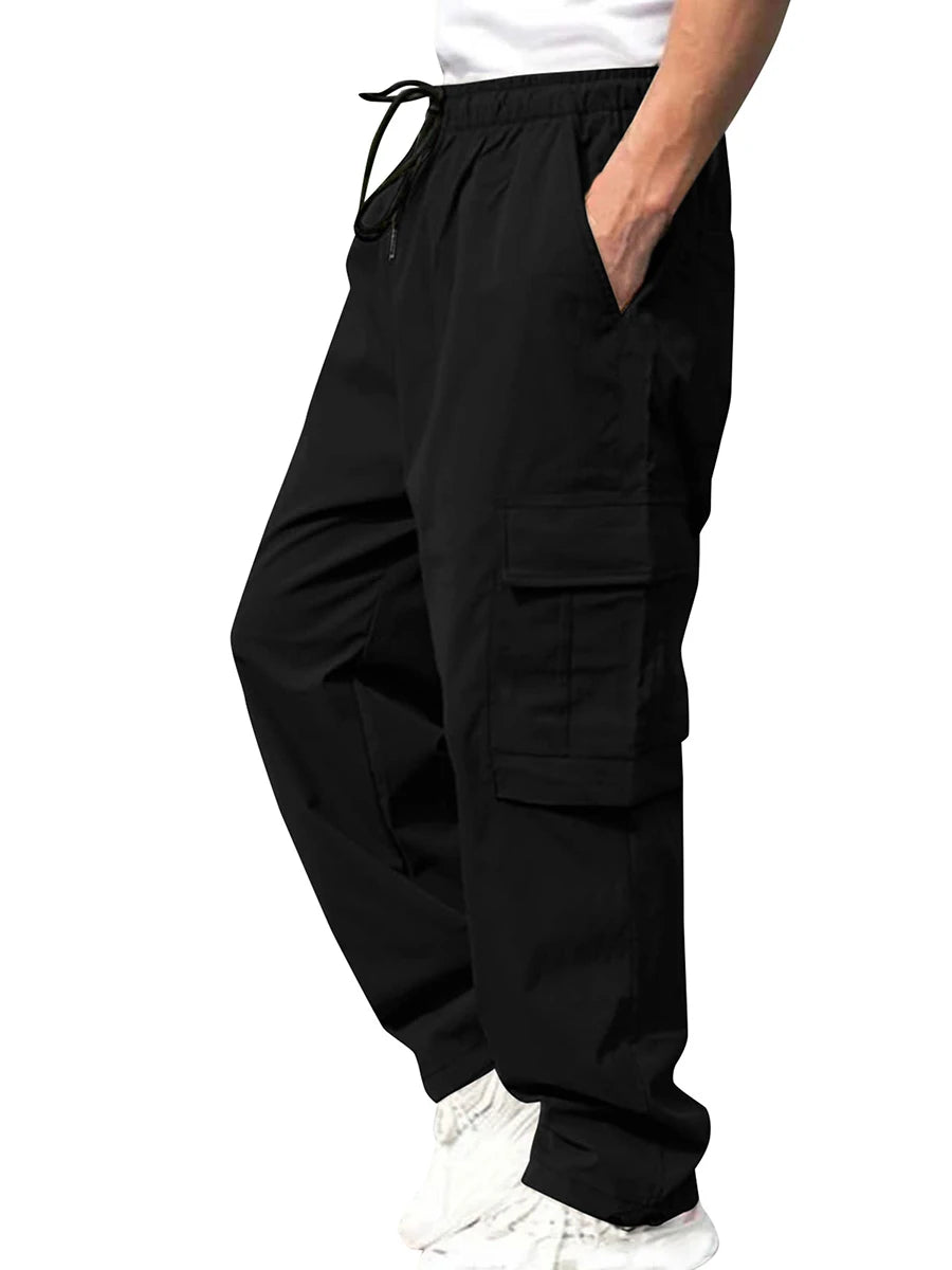 Loose Cargo Long Pants, Solid Color, Drawstring Waist, Straight Leg