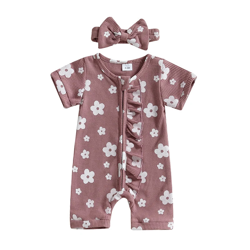 Adorable Infant Girls Floral Print Romper with Matching Headband