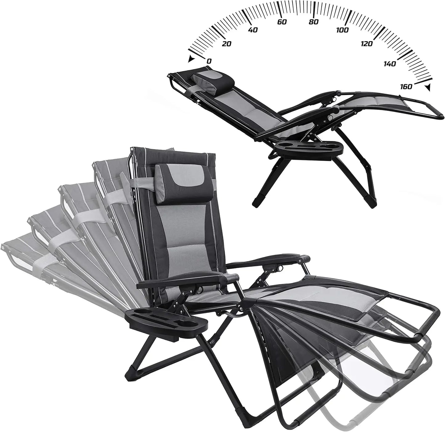 XXL Oversize Recliner Folding Chair, Zero Gravity, Extra Wide Padded Seat with Sunshade and Side Tray