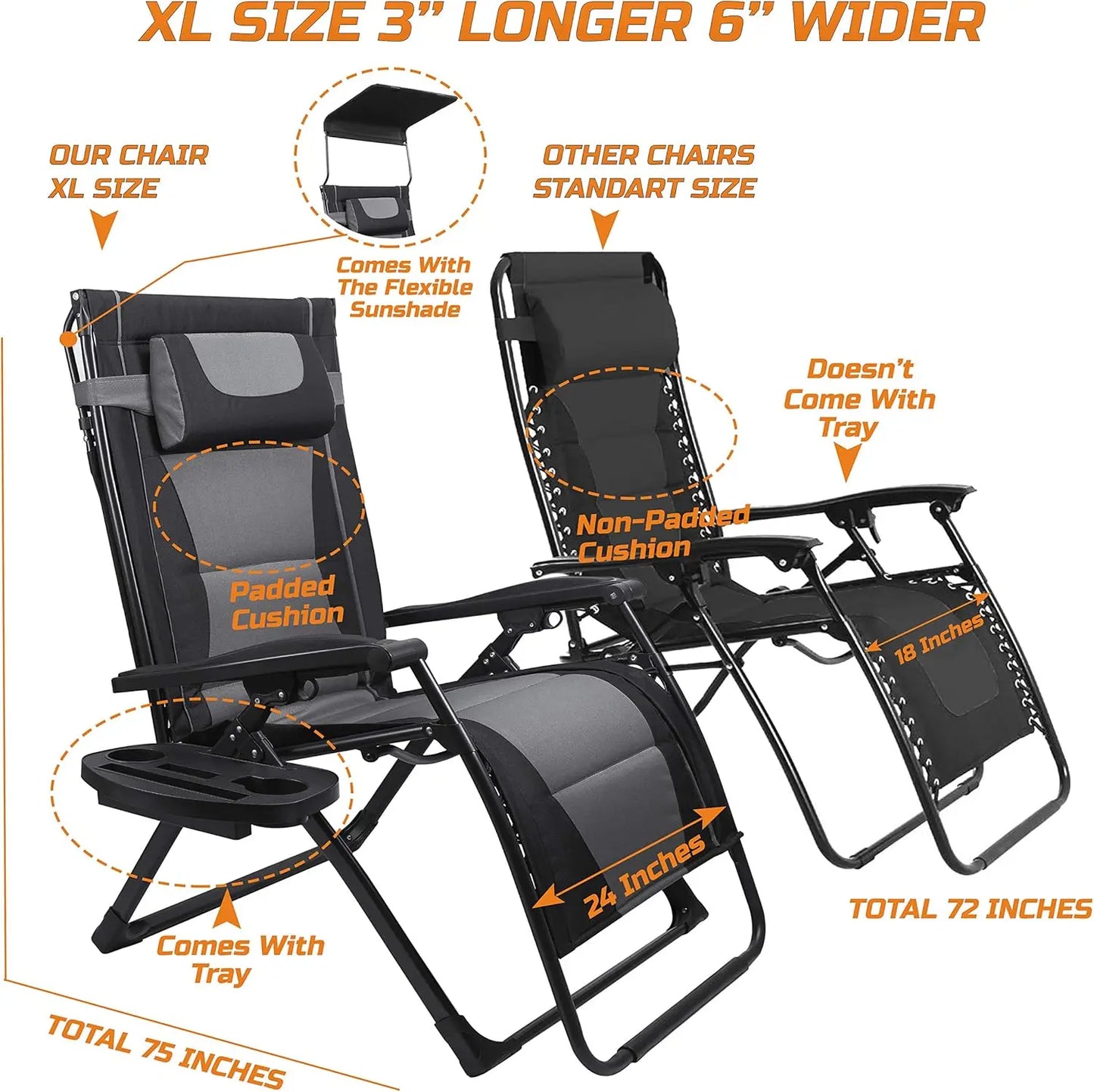 XXL Oversize Recliner Folding Chair, Zero Gravity, Extra Wide Padded Seat with Sunshade and Side Tray