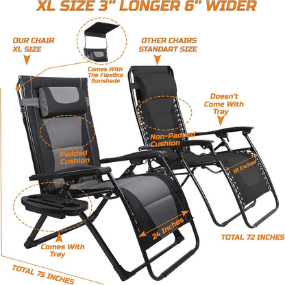 XXL Oversize Recliner Folding Chair, Zero Gravity, Extra Wide Padded Seat with Sunshade and Side Tray