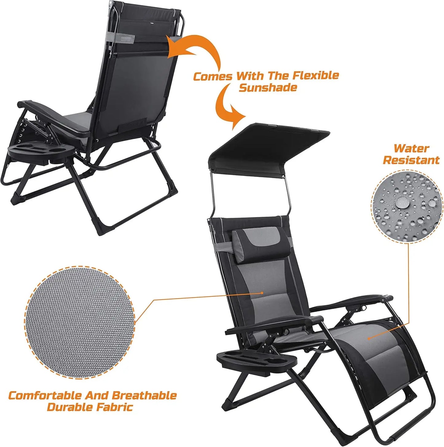 XXL Oversize Recliner Folding Chair, Zero Gravity, Extra Wide Padded Seat with Sunshade and Side Tray