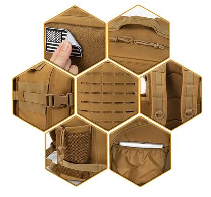 25L Laser Cut Molle Daypack, Small Bug Out Bag, Hunting Rucksack with Dual Cup Holders