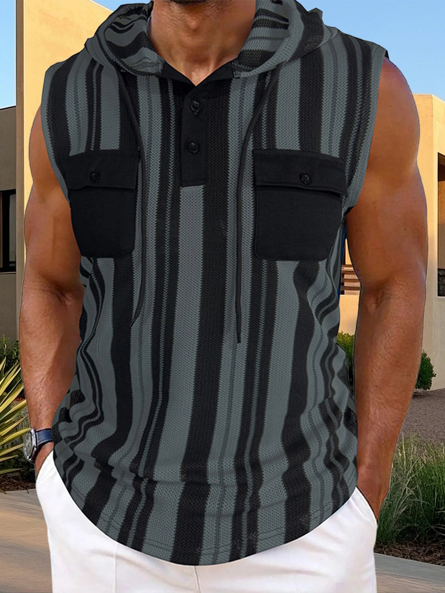 Men s Stylish Sleeveless Striped Tank Top with Hood and Drawstring Casual Vest Featuring Pockets
