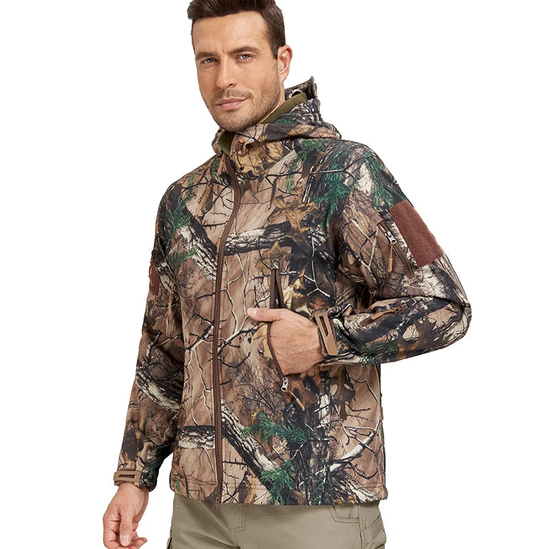 Unisex Quiet Softshell Camouflage Hunting Jacket, Water-Resistant, Fleece