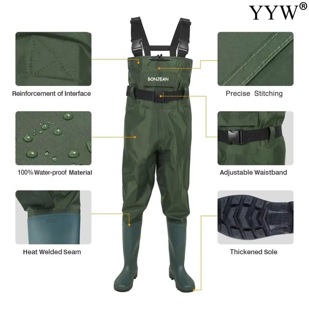 Waterproof Fishing Waders Pants Chest-Length With Boots Durable Breathable Overalls Kit Unisex
