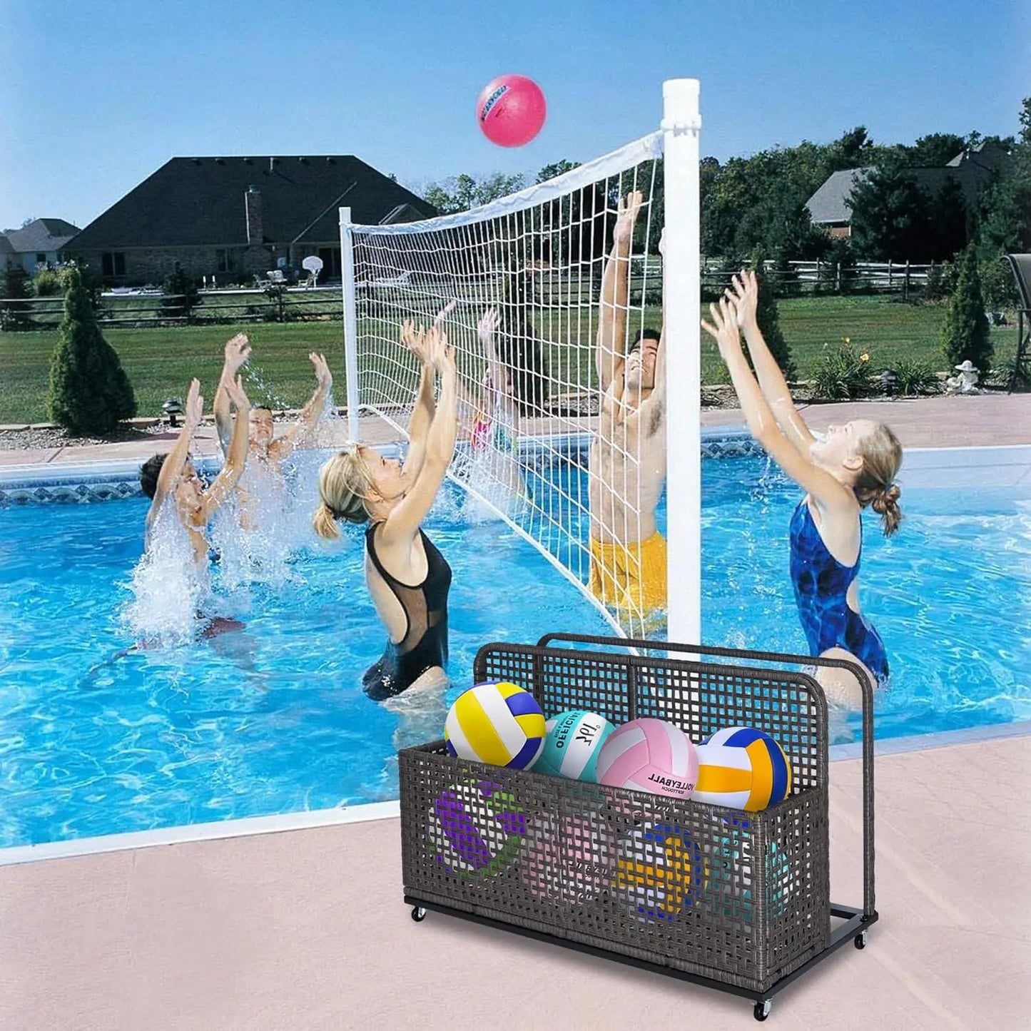 Poolside Storage Basket, PE Rattan Pool Caddy with Rolling Wheels for Pool