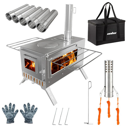 Wood Burning Stove, Portable with 6 Stainless Chimney Pipes for Outdoor Heating & Cooking