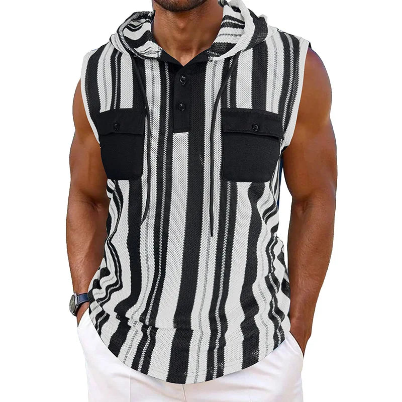 Men s Stylish Sleeveless Striped Tank Top with Hood and Drawstring Casual Vest Featuring Pockets