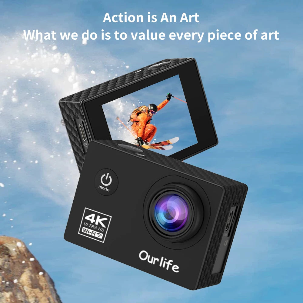 Action Video Camera Ultra HD 4K30FPS, 16.0MP Wi-Fi, 2.0" Screen, Webcam, Underwater 30M, Helmet