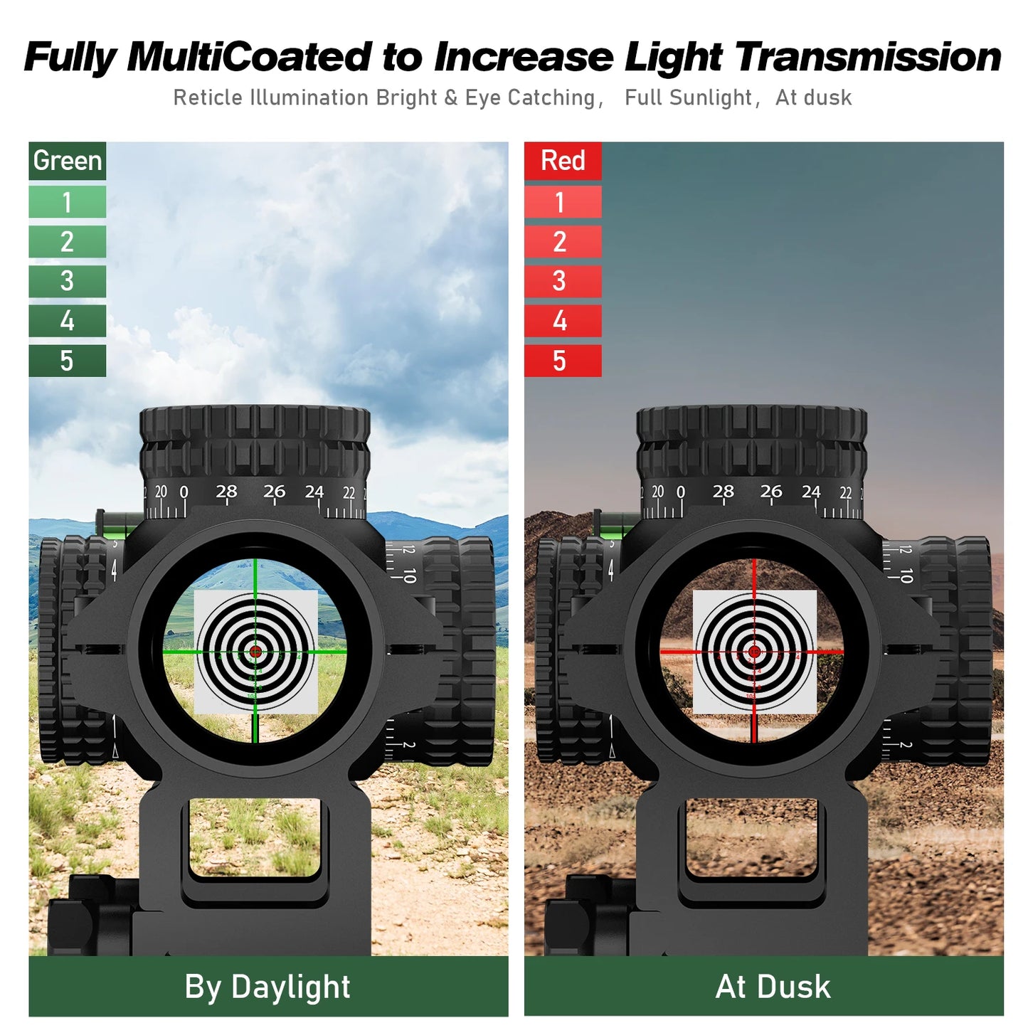 1-5X24 Rifle Scope, Red/Green Illuminated Reticle, Compact Scope