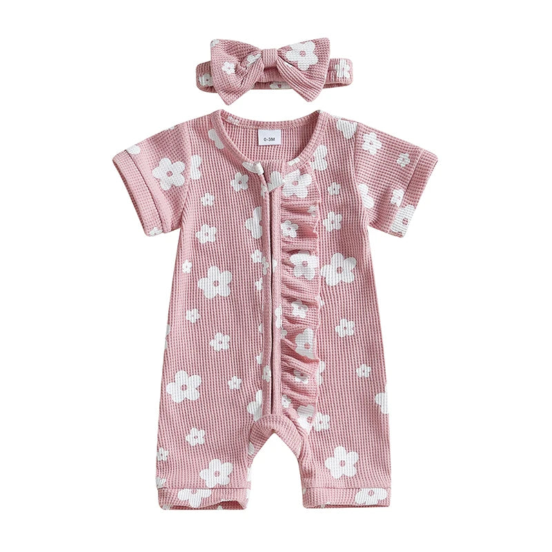 Adorable Infant Girls Floral Print Romper with Matching Headband Cute Ruffled Crew Neck Short Sleeve Outfit for Summer 2