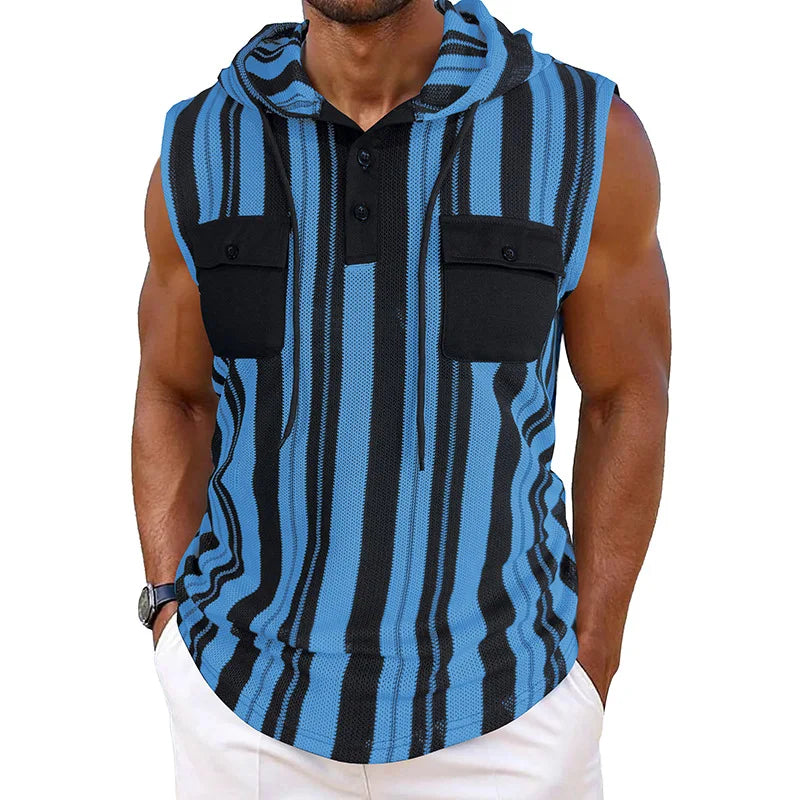 Men s Stylish Sleeveless Striped Tank Top with Hood and Drawstring Casual Vest Featuring Pockets