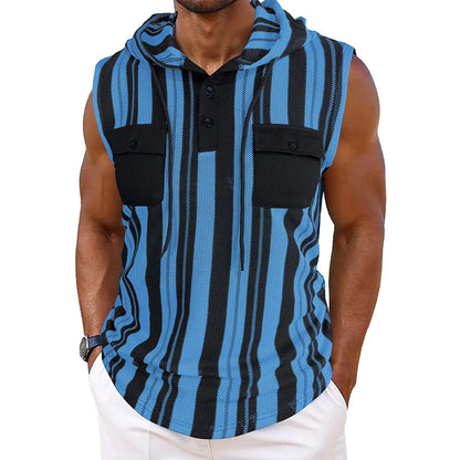 Men s Stylish Sleeveless Striped Tank Top with Hood and Drawstring Casual Vest Featuring Pockets