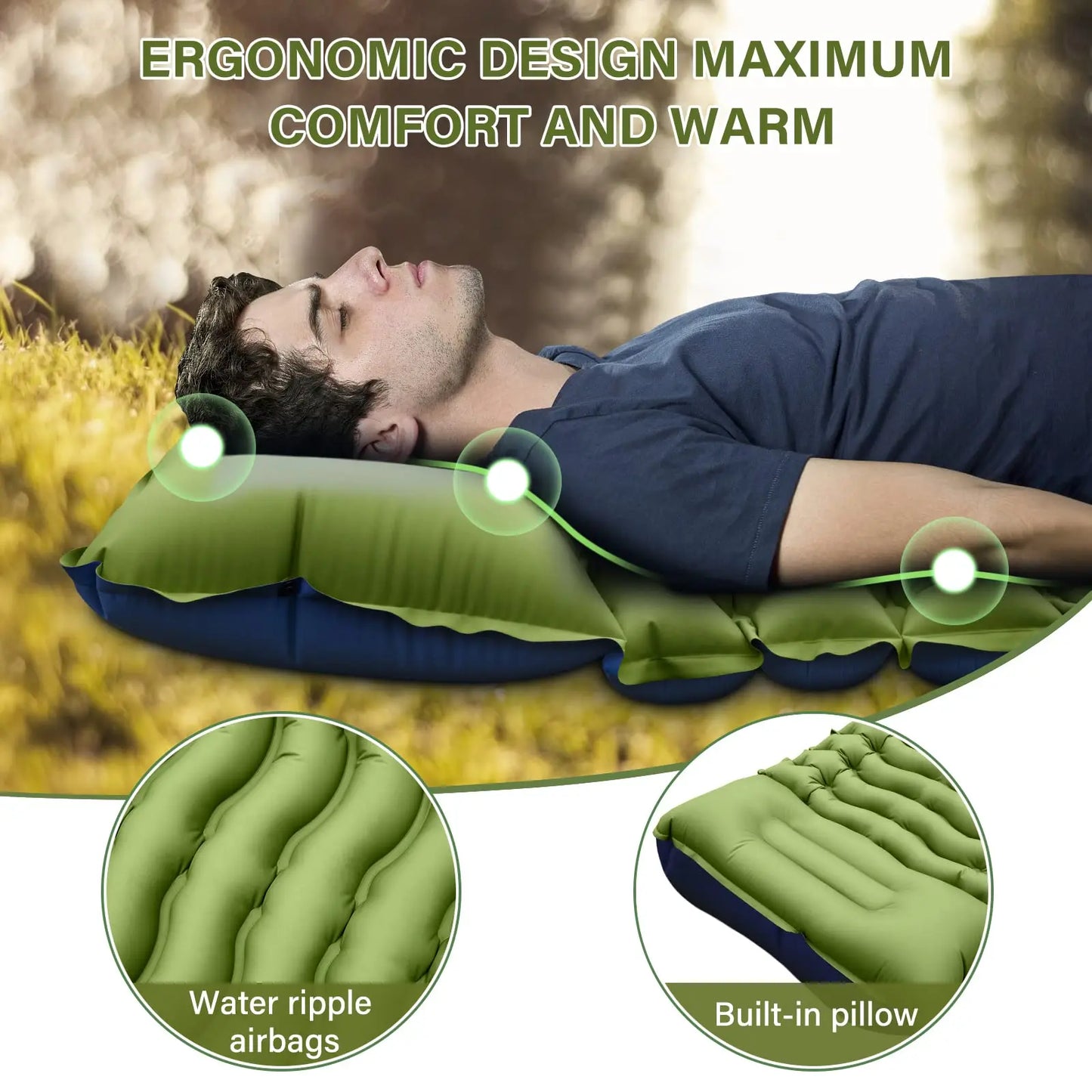 Sleeping Pad, Ultralight Mat with Pillow, Built-in Foot Pump Inflatable Mattress for Backpacking Hiking