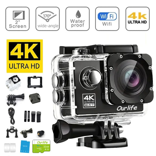 Action Video Camera Ultra HD 4K30FPS, 16.0MP Wi-Fi, 2.0" Screen, Webcam, Underwater 30M, Helmet