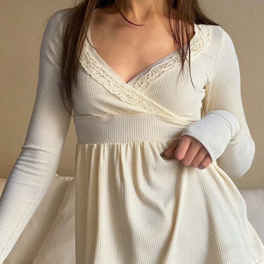 Women's Long Sleeve Lace Trimmed Wrap Blouse