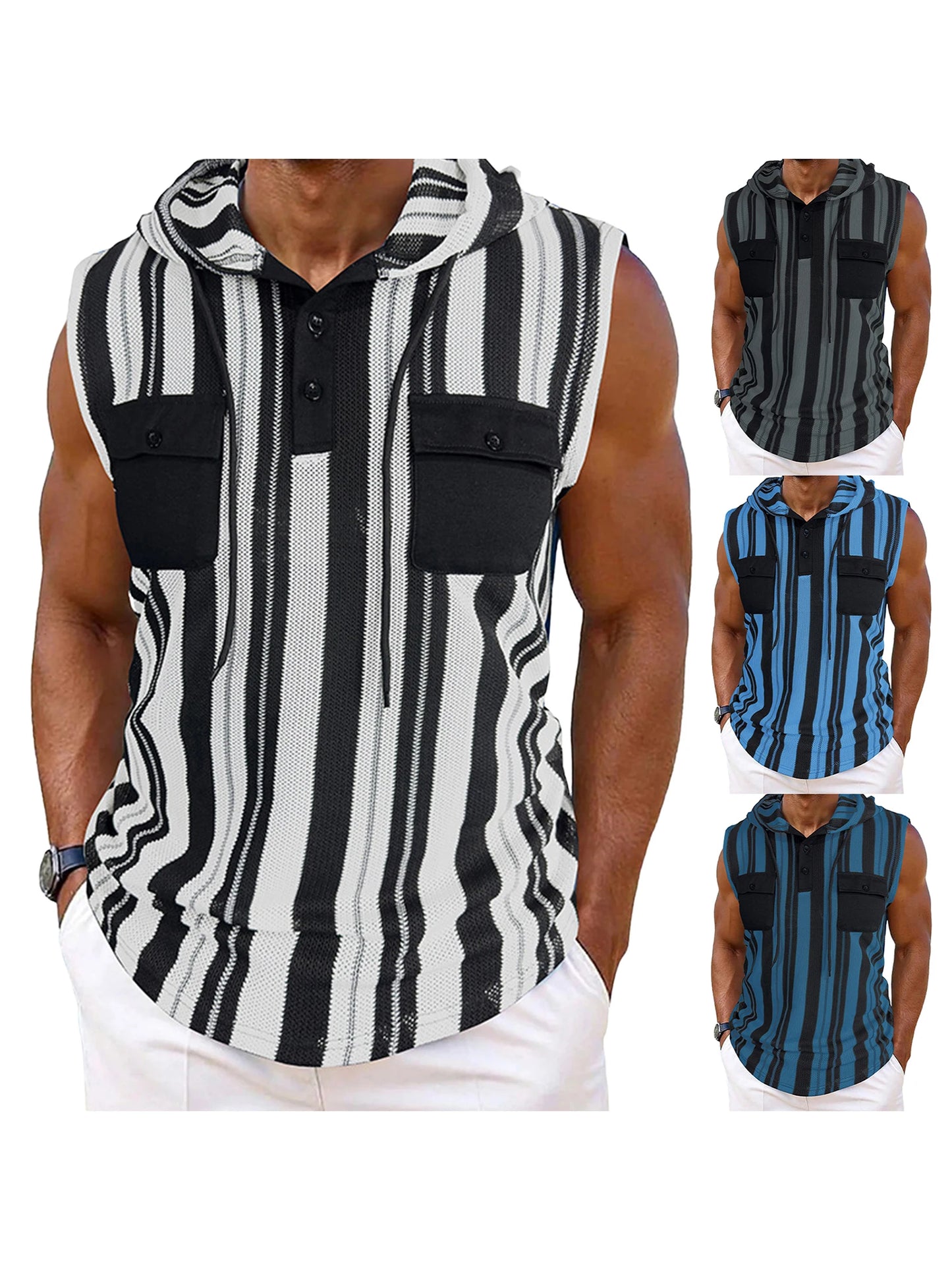 Men s Stylish Sleeveless Striped Tank Top with Hood and Drawstring Casual Vest Featuring Pockets