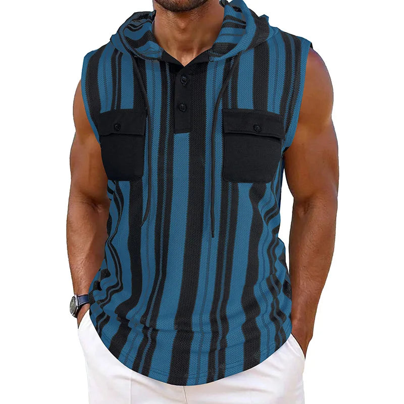 Men s Stylish Sleeveless Striped Tank Top with Hood and Drawstring Casual Vest Featuring Pockets