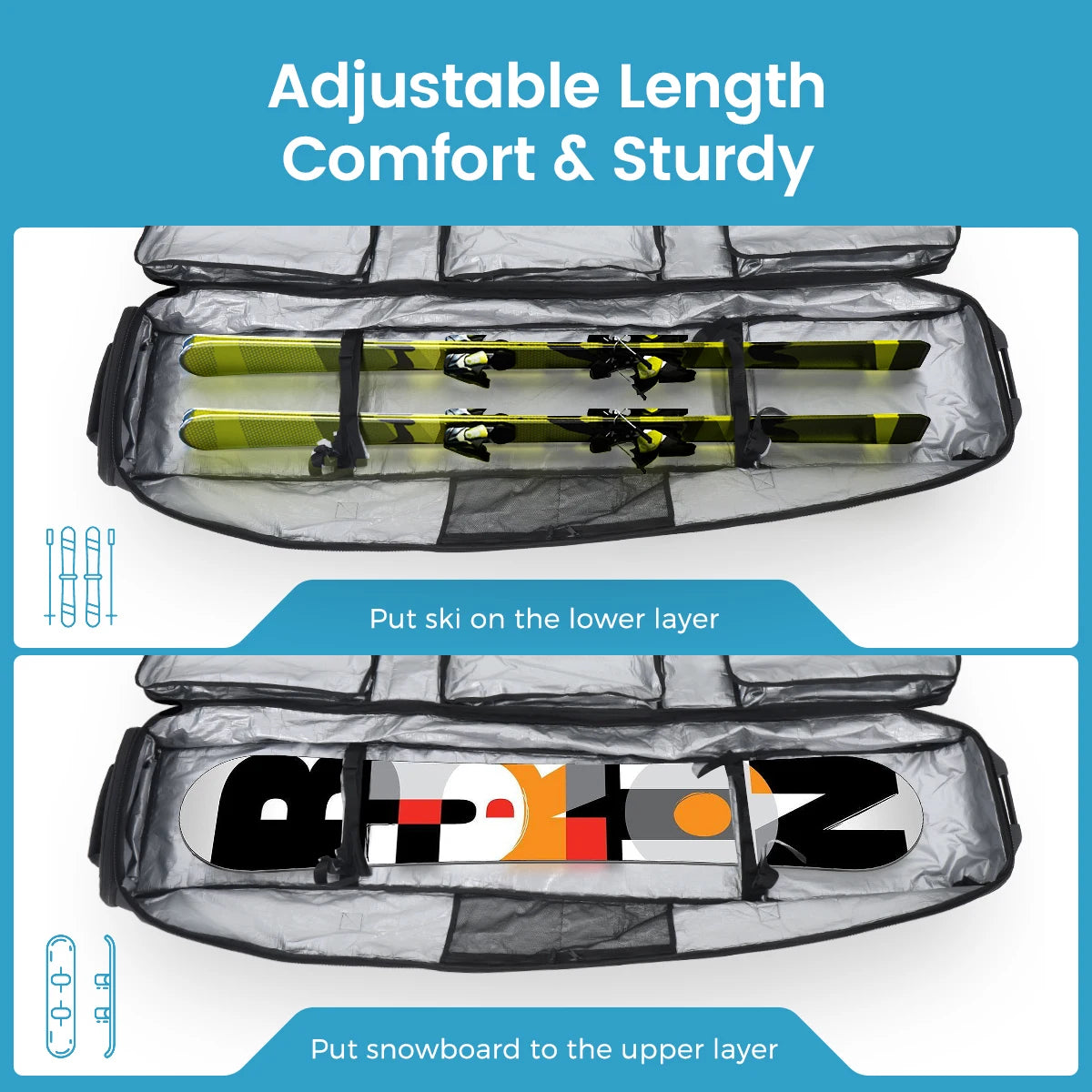 Black Skiing Bag with Rolling Wheel, Padded Polyester Waterproof Board Bag, 3 Separation Storage