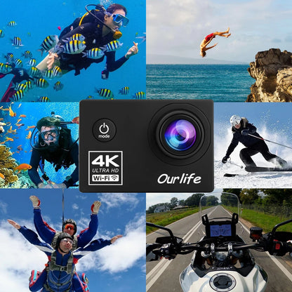 Action Video Camera Ultra HD 4K30FPS, 16.0MP Wi-Fi, 2.0" Screen, Webcam, Underwater 30M, Helmet