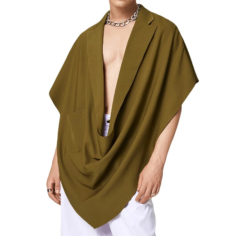 Men Turn-Down Collar Poncho Solid Color Fashion Loose Irregular Vests Summer Sleeveless