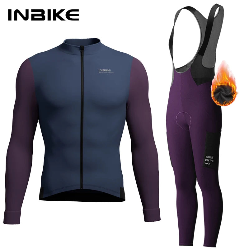 INBIKE Winter Cycling Clothing for Men, Fleece Sets, Long Sleeve Jersey with Pockets