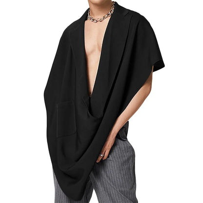 Men Turn-Down Collar Poncho Solid Color Fashion Loose Irregular Vests Summer Sleeveless