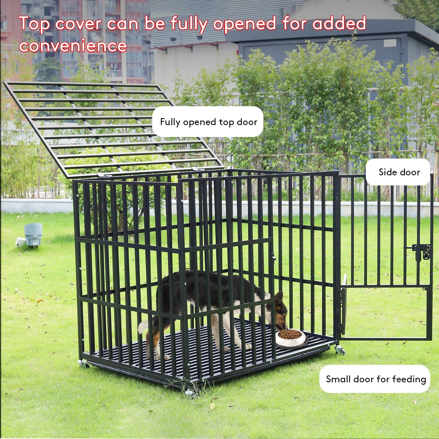 L XL XXL Heavy Duty Dog Crate with 4 Lockable Wheels 3 Doors and Removable Tray Metal Pet Kennels