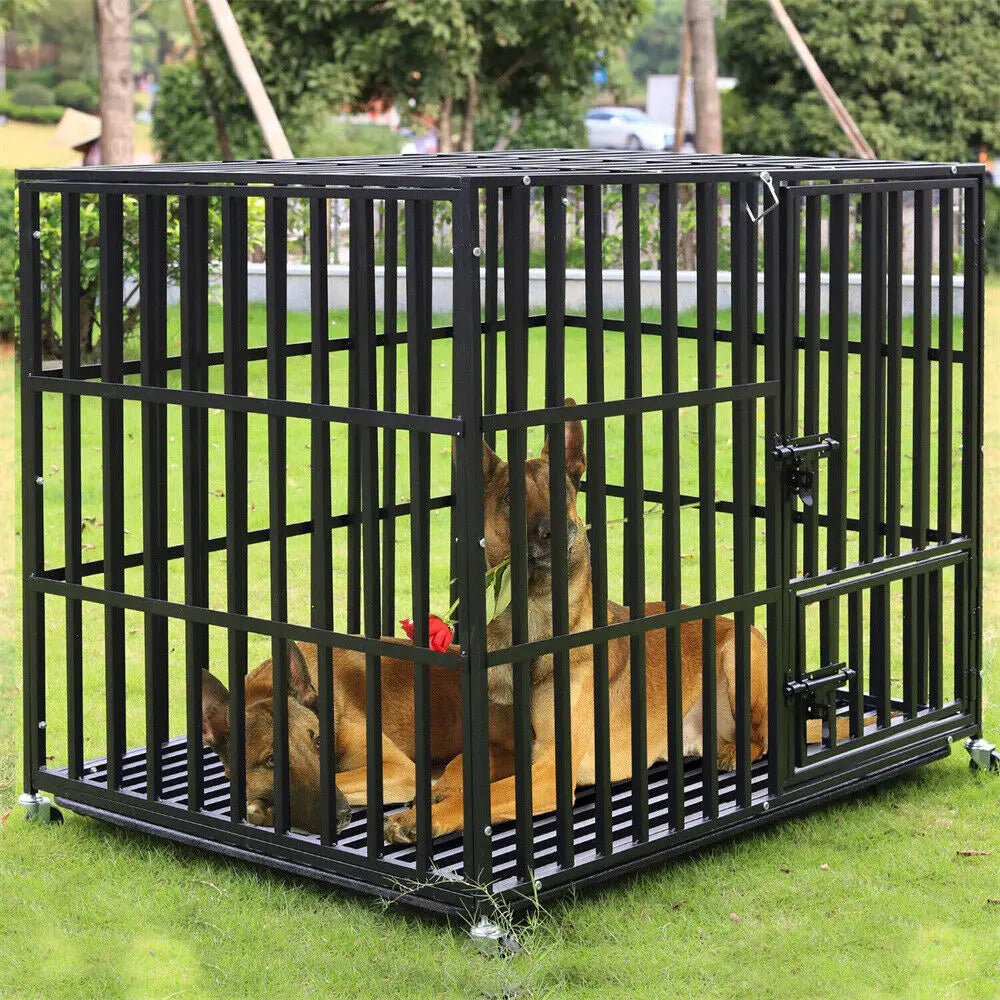 L XL XXL Heavy Duty Dog Crate with 4 Lockable Wheels 3 Doors and Removable Tray Metal Pet Kennels