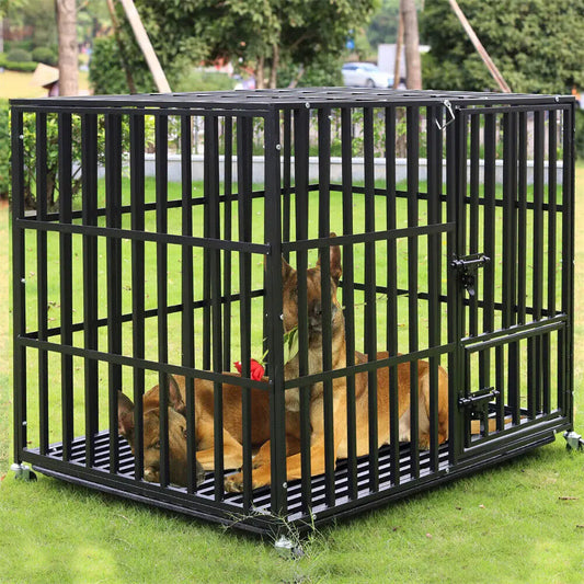L XL XXL Heavy Duty Dog Crate with 4 Lockable Wheels 3 Doors and Removable Tray Metal Pet Kennels