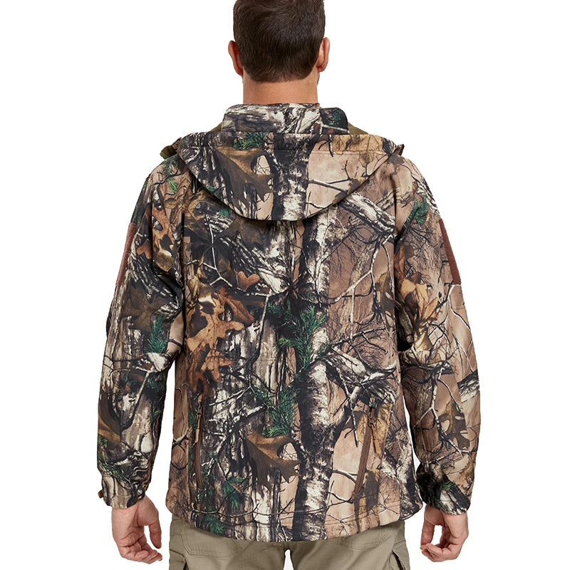 Unisex Quiet Softshell Camouflage Hunting Jacket, Water-Resistant, Fleece