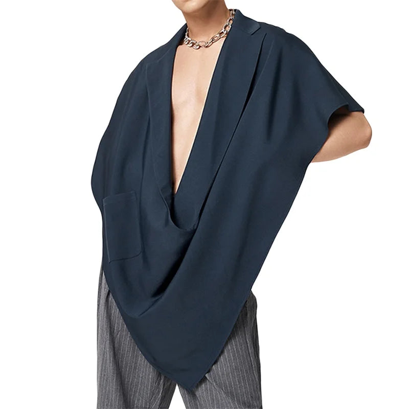 Men Turn-Down Collar Poncho Solid Color Fashion Loose Irregular Vests Summer Sleeveless