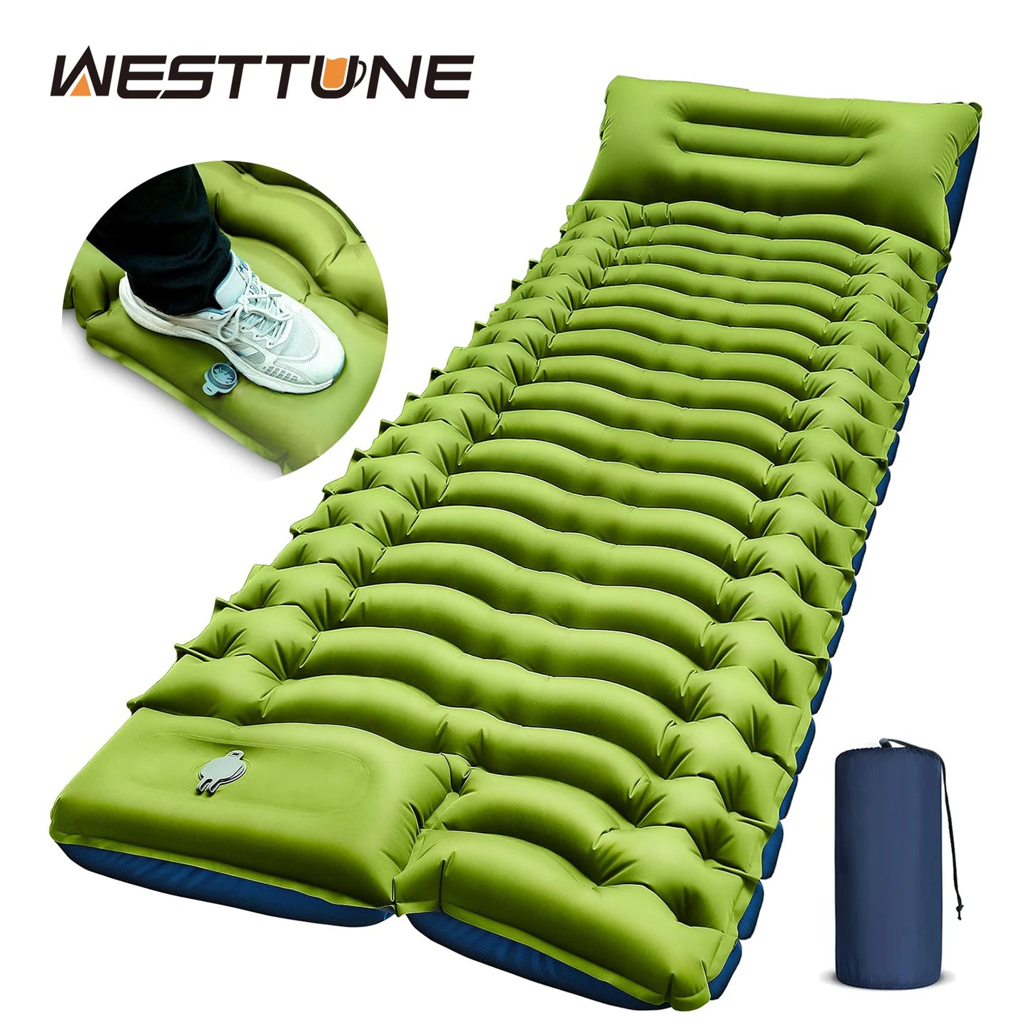 Sleeping Pad, Ultralight Mat with Pillow, Built-in Foot Pump Inflatable Mattress for Backpacking Hiking