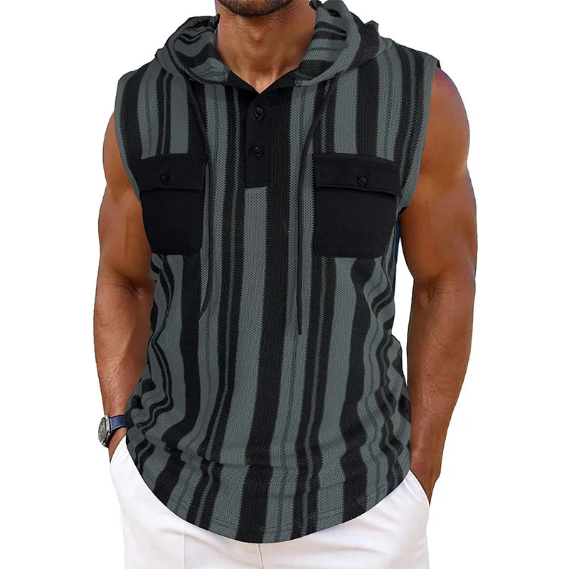 Men s Stylish Sleeveless Striped Tank Top with Hood and Drawstring Casual Vest Featuring Pockets