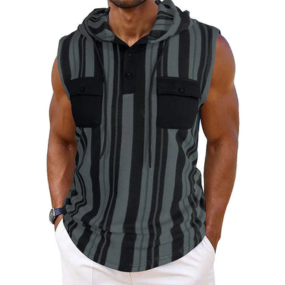 Men s Stylish Sleeveless Striped Tank Top with Hood and Drawstring Casual Vest Featuring Pockets