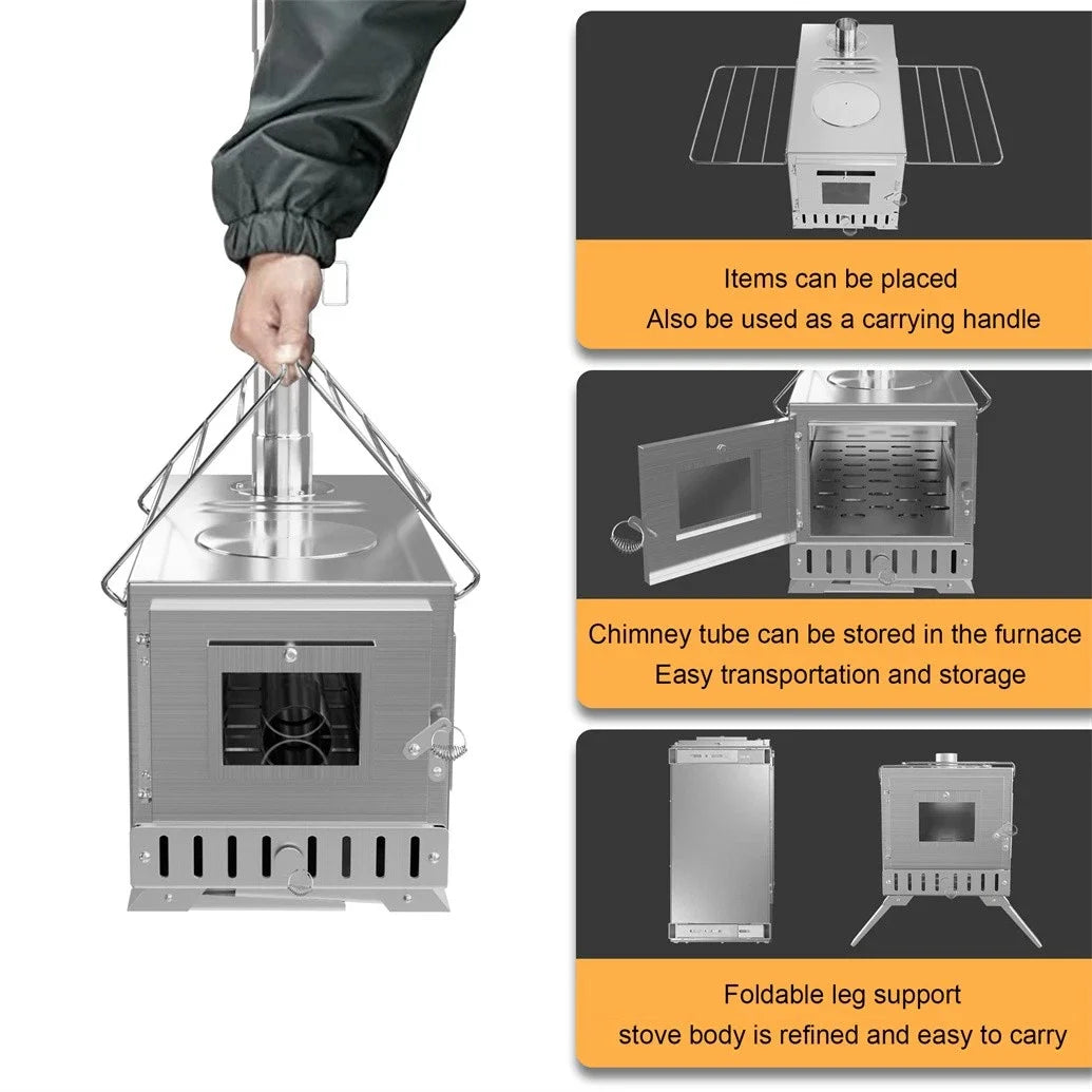 Wood Burning Stove, Portable with 6 Stainless Chimney Pipes for Outdoor Heating & Cooking