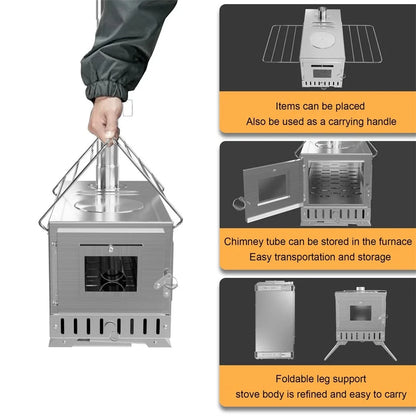 Wood Burning Stove, Portable with 6 Stainless Chimney Pipes for Outdoor Heating & Cooking