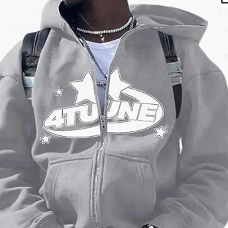 Retro Oversized Hoodie, Women, Star Letter Print