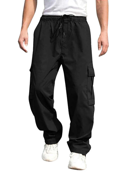 Loose Cargo Long Pants, Solid Color, Drawstring Waist, Straight Leg