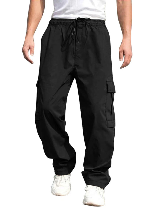 Loose Cargo Long Pants, Solid Color, Drawstring Waist, Straight Leg