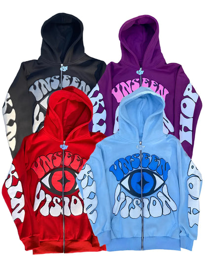 "UNSEEN VISION" Y2K, Fall Jacket - Eye Pattern, Zip Up Hoodie Autumn/Winter Fashion, Unisex