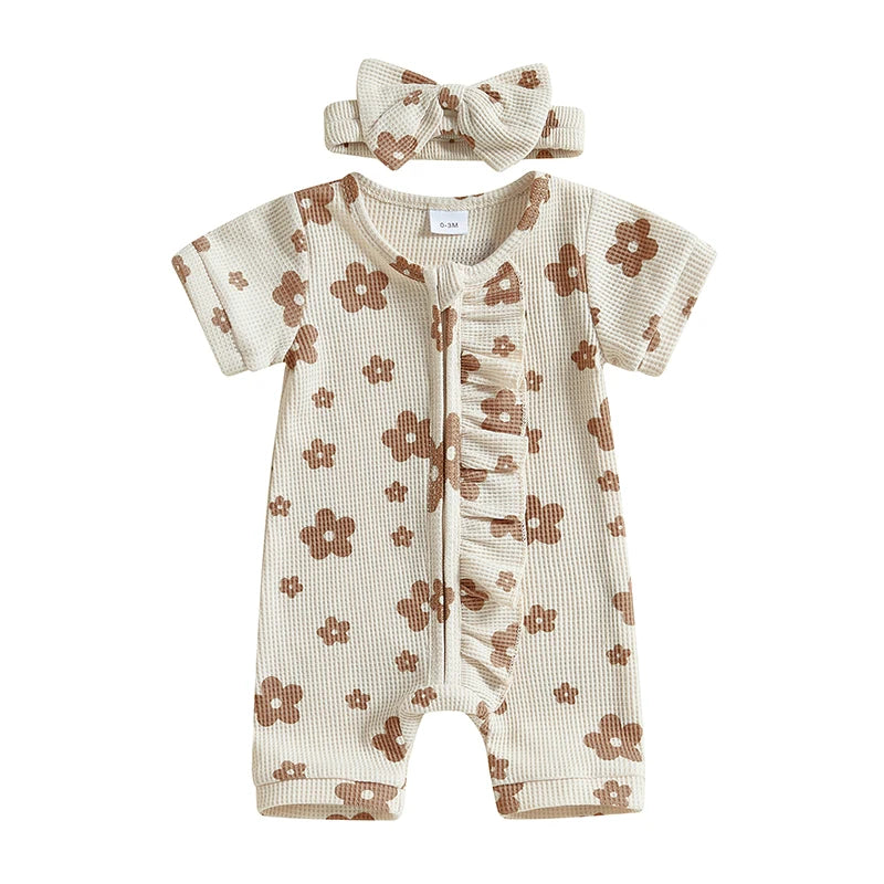 Adorable Infant Girls Floral Print Romper with Matching Headband Cute Ruffled Crew Neck Short Sleeve Outfit for Summer 2