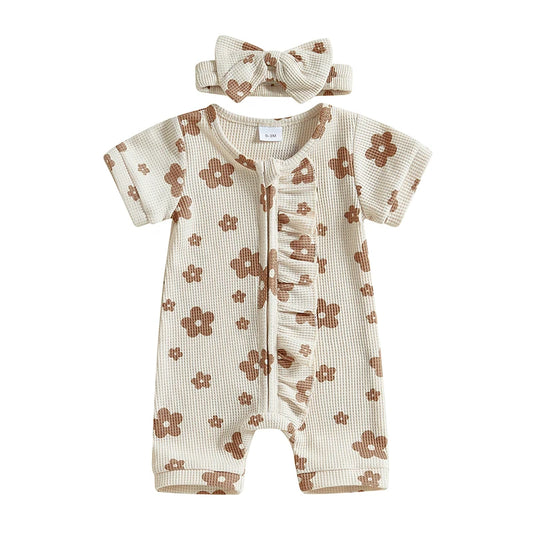 Adorable Infant Girls Floral Print Romper with Matching Headband Cute Ruffled Crew Neck Short Sleeve Outfit for Summer 2