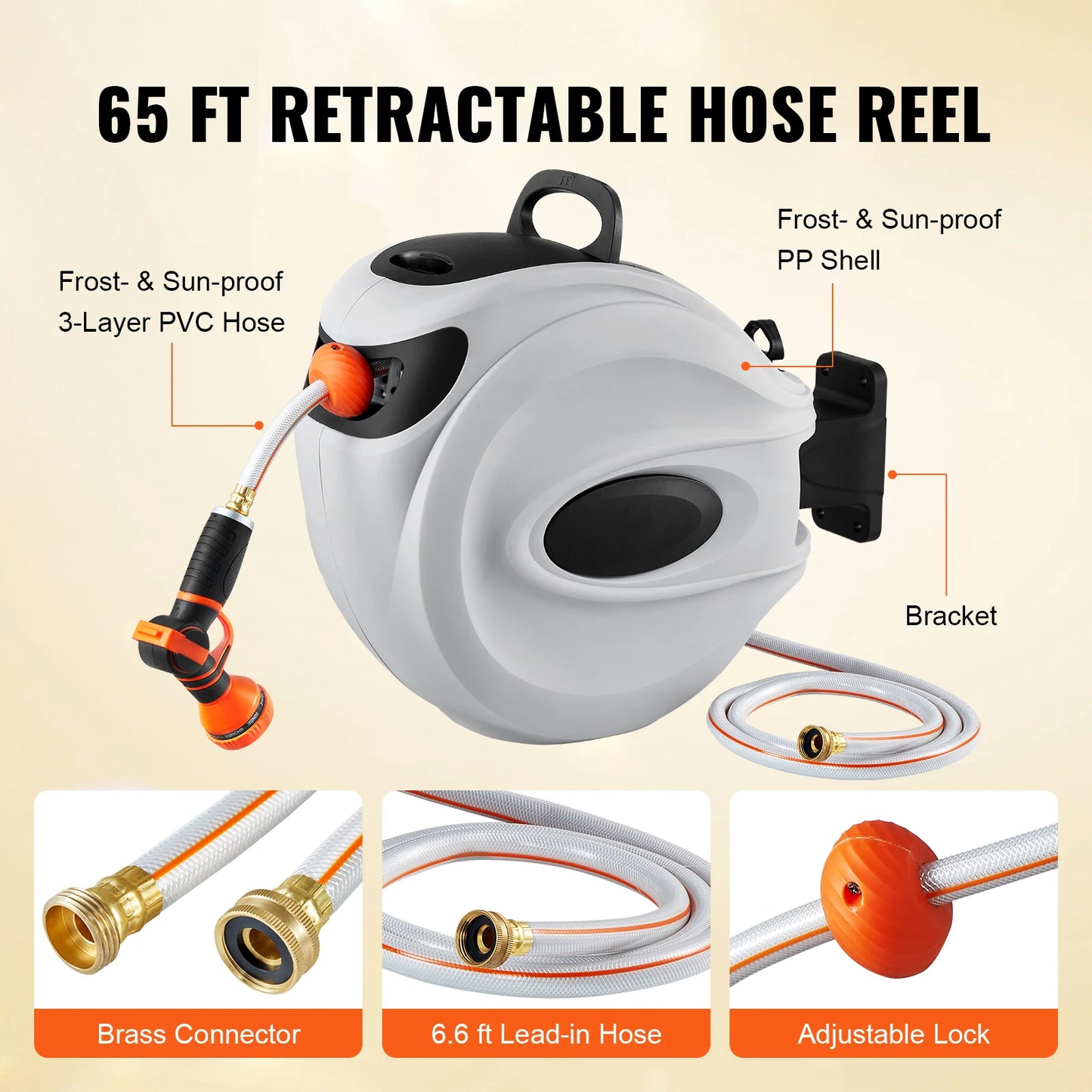 Retractable Hose Reel, 180° Swivel Bracket Water Hose Reel with 9-Pattern Nozzle and Automatic Rewind