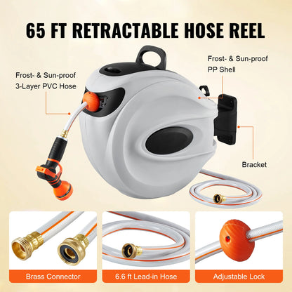 Retractable Hose Reel, 180° Swivel Bracket Water Hose Reel with 9-Pattern Nozzle and Automatic Rewind